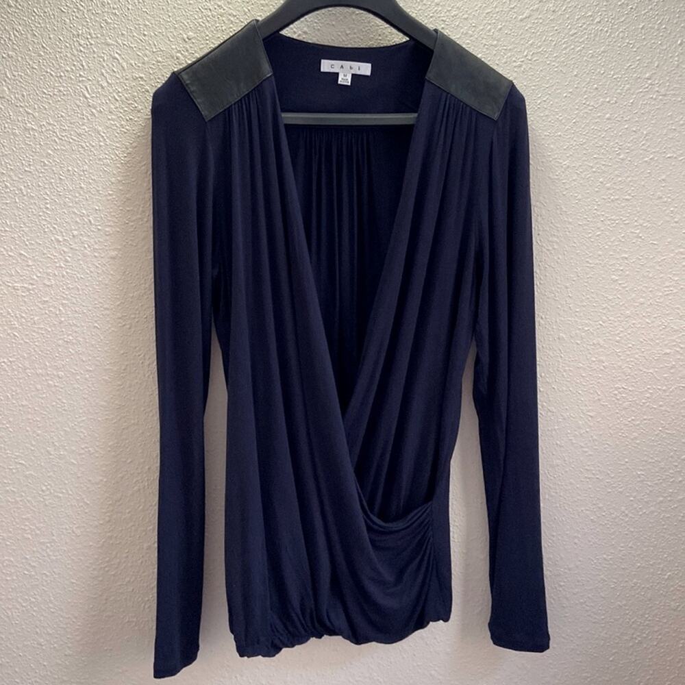 CAbi Women Blue Wrap Style Faux Leather Trim Long Sleeve Blouse Size M